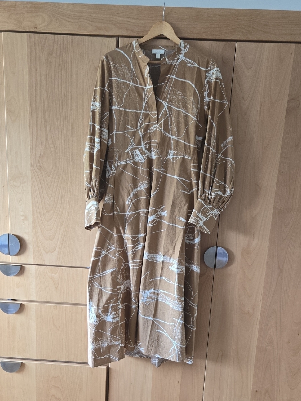 COS Tan Dress with White Brushstroke Detail, Size 8, Modern Design, Quiet Lux